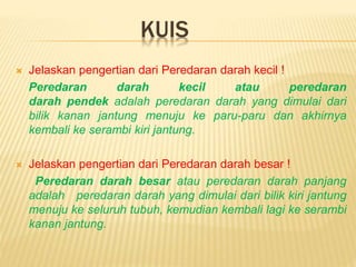 KUIS
 Jelaskan pengertian dari Peredaran darah kecil !
Peredaran darah kecil atau peredaran
darah pendek adalah peredaran darah yang dimulai dari
bilik kanan jantung menuju ke paru-paru dan akhirnya
kembali ke serambi kiri jantung.
 Jelaskan pengertian dari Peredaran darah besar !
Peredaran darah besar atau peredaran darah panjang
adalah peredaran darah yang dimulai dari bilik kiri jantung
menuju ke seluruh tubuh, kemudian kembali lagi ke serambi
kanan jantung.
 