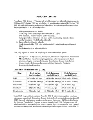 PENGOBATAN TBC

Pengobatan TBC Kriteria I (Tidak pernah terinfeksi, ada riwayat kontak, tidak menderita
TBC) dan II (Terinfeksi TBC/test tuberkulin (+), tetapi tidak menderita TBC (gejala TBC
tidak ada, radiologi tidak mendukung dan bakteriologi negatif) memerlukan pencegahan
dengan pemberian INH 5–10 mg/kgbb/hari.

   1. Pencegahan (profilaksis) primer
      Anak yang kontak erat dengan penderita TBC BTA (+).
      INH minimal 3 bulan walaupun uji tuberkulin (-).
      Terapi profilaksis dihentikan bila hasil uji tuberkulin ulang menjadi (-) atau
      sumber penularan TB aktif sudah tidak ada.
   2. Pencegahan (profilaksis) sekunder
      Anak dengan infeksi TBC yaitu uji tuberkulin (+) tetapi tidak ada gejala sakit
      TBC.
      Profilaksis diberikan selama 6-9 bulan.

Obat yang digunakan untuk TBC digolongkan atas dua kelompok yaitu :

   o    Obat primer : INH (isoniazid), Rifampisin, Etambutol, Streptomisin, Pirazinamid.
        Memperlihatkan efektifitas yang tinggi dengan toksisitas yang masih dapat
        ditolerir, sebagian besar penderita dapat disembuhkan dengan obat-obat ini.
   o    Obat sekunder : Exionamid, Paraaminosalisilat, Sikloserin, Amikasin,
        Kapreomisin dan Kanamisin.

Dosis obat antituberkulosis (OAT)
       Obat           Dosis harian          Dosis 2x/minggu         Dosis 3x/minggu
                     (mg/kgbb/hari)         (mg/kgbb/hari)          (mg/kgbb/hari)
INH               5-15 (maks 300 mg)      15-40 (maks. 900 mg) 15-40 (maks. 900 mg)
Rifampisin        10-20 (maks. 600 mg) 10-20 (maks. 600 mg) 15-20 (maks. 600 mg)
Pirazinamid       15-40 (maks. 2 g)       50-70 (maks. 4 g)      15-30 (maks. 3 g)
Etambutol         15-25 (maks. 2,5 g)     50 (maks. 2,5 g)       15-25 (maks. 2,5 g)
Streptomisin      15-40 (maks. 1 g)       25-40 (maks. 1,5 g)    25-40 (maks. 1,5 g)

Sejak 1995, program Pemberantasan Penyakit TBC di Indonesia mengalami perubahan
manajemen operasional, disesuaikan dengan strategi global yanng direkomendasikan oleh
WHO. Langkah ini dilakukan untuk menindaklanjuti Indonesia – WHO joint Evaluation
dan National Tuberkulosis Program in Indonesia pada April 1994. Dalam program ini,
prioritas ditujukan pada peningkatan mutu pelayanan dan penggunaan obat yang rasional
untuk memutuskan rantai penularan serta mencegah meluasnya resistensi kuman TBC di
 
