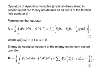 Operators of dynamical variables (physical observables) in
second-quantized theory are deﬁned as bilinears of the fermion
...