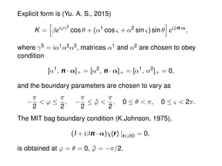 Explicit form is (Yu. A. S., 2015)
K = βeiϕγ5
cos θ + (α1
cos ς + α2
sin ς) sin θ ei ˜ϕn·α
,
where γ5 = iα1α2α3, matrices ...