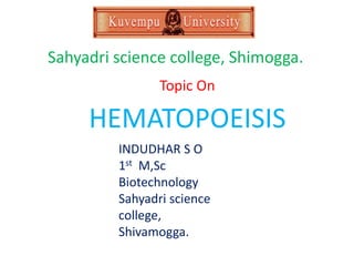 Sahyadri science college, Shimogga.
Topic On
HEMATOPOEISIS
INDUDHAR S O
1st M,Sc
Biotechnology
Sahyadri science
college,
Shivamogga.
 