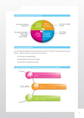 q Des contenus pour valoriser un territoire




   Des contenus actualisés              Diffuser          Répondre                                Des contenus adaptés
            régulièrement             une image           aux besoins                             à la cible
                                      dynamique           des e-touristes



Des supports multimédias :                                                                        Des contenus
           photos, vidéos,             Renforcer         Faire partager                           participatifs
             audio-guides,           le message          et impliquer
       visites virtuelles...             textuel         les e-touristes




  q Des services pour fidéliser

Les informations pratiques sont les informations à fournir à minima : horaires d’ouverture, plan
d’accès… Rendre services aux touristes via un site c’est :

    · les informer des disponibilités,
    · leur permettre la réservation en ligne,
    · leur permettre le paiement en ligne.


  q Et de manière générale : concevoir son site en se centrant sur le SoLoMo



                                   La montée des réseaux sociaux et la suprématie de Facebook
                                   impliquent un positionnement nécessaire à toute démarche
                                   marketing.
                          Social   Des outils clés : Facebook, Twitter, Youtube, Dailymotion...




           SoLoMo
                                                Un autre levier du marketing consiste à être présent en local
                                                sur Internet.
                                                Des outils clés : Tripadvisor, Google map...
                                   Local




                                   Le nombre de mobinautes grandissant impose de centrer
                                   son attention sur ce mode de consultation du web et
                                   ses applications spécifiques
                         Mobile




                                                                                                                         3
 