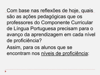 Com base nas reflexões de hoje, quais
são as ações pedagógicas que os
professores do Componente Curricular
de Língua Portuguesa precisam para o
avanço da aprendizagem em cada nível
de proficiência?
Assim, para os alunos que se
encontram nos níveis de proficiência:

 
