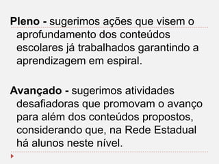 Pleno - sugerimos ações que visem o
aprofundamento dos conteúdos
escolares já trabalhados garantindo a
aprendizagem em espiral.
Avançado - sugerimos atividades
desafiadoras que promovam o avanço
para além dos conteúdos propostos,
considerando que, na Rede Estadual
há alunos neste nível.

 