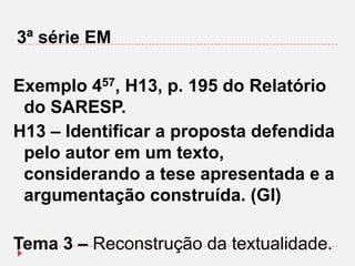 3ª série EM
Exemplo 457, H13, p. 195 do Relatório
do SARESP.
H13 – Identificar a proposta defendida
pelo autor em um texto,
considerando a tese apresentada e a
argumentação construída. (GI)

Tema 3 – Reconstrução da textualidade.

 
