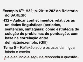 Exemplo 659, H32, p. 201 e 202 do Relatório
do SARESP.
H32 – Aplicar conhecimentos relativos às
unidades linguísticas (períodos,
sentenças, sintagmas) como estratégia de
solução de problemas de pontuação, com
base na correlação entre
definição/exemplo. (GIII)
Tema 5 – Reflexão sobre os usos da língua
falada e escrita.
Leia o anúncio a seguir e responda à questão.

 