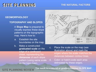 SITE PLANNING REVIEW
SITE PLANNINGSITE PLANNING THE NATURAL FACTORS
GEOMORPHOLOGY
TOPOGRAPHY AND SLOPES
A Slope Map is prepared to
visually express these slope
patterns on the topographic
map. Here’s how to:
a. Establish the site
boundaries on the map.
b. Make a constructed
graduated scale on the
edge of a cardboard
sheet, representing the
distances of each slope
pattern (using same scale
as the topo map).
c. Place the scale on the map (see
illustration above) and mark the
edges where the scale matches the
distances between contour lines.
d. Color- or hatch-code each area
delineated by these edges.
The result is a colored or gradient-hatched SLOPE MAP.
 