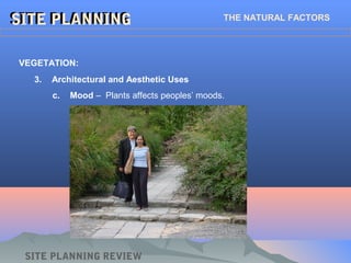 SITE PLANNINGSITE PLANNING THE NATURAL FACTORS
3. Architectural and Aesthetic Uses
VEGETATION:
SITE PLANNING REVIEW
c. Mood – Plants affects peoples’ moods.
 