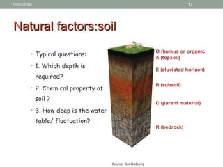 09/03/2004 17
• Typical questions:
• 1. Which depth is
required?
• 2. Chemical property of
soil ?
• 3. How deep is the water
table/ fluctuation?
Natural factors:soilNatural factors:soil
Source: Soil4kids.org
 