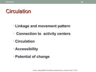 09/03/2004 24
• Linkage and movement pattern
• Connection to activity centers
• Circulation
• Accessibility
• Potential of change
CirculationCirculation
Source: Apinya/KMUTTarc354site analysis factors, accessed April, 7 2014
 