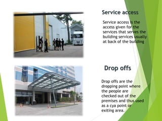 Service access is the
access given for the
services that serves the
building services usually
at back of the building
Drop offs are the
dropping point where
the people are
checked out of the
premises and thus used
as a cya point or
exiting area.
Drop offs
Service access
 