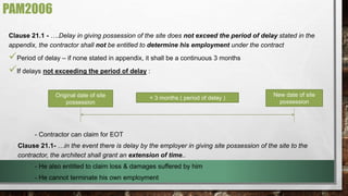 Clause 21.1 - ….Delay in giving possession of the site does not exceed the period of delay stated in the 
appendix, the contractor shall not be entitled to determine his employment under the contract 
 
Period of delay – if none stated in appendix, it shall be a continuous 3 months 
 
If delays not exceeding the period of delay : 
Original date of site < 3 months ( period of delay ) 
possession 
- Contractor can claim for EOT 
Clause 21.1- …in the event there is delay by the employer in giving site possession of the site to the 
contractor, the architect shall grant an extension of time.. 
- He also entitled to claim loss & damages suffered by him 
- He cannot terminate his own employment 
New date of site 
possession 
PAM2006 
 