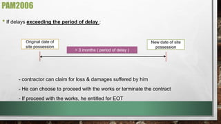 • If delays exceeding the period of delay : 
> 3 months ( period of delay ) 
Original date of 
site possession 
- contractor can claim for loss & damages suffered by him 
- He can choose to proceed with the works or terminate the contract 
- If proceed with the works, he entitled for EOT 
New date of site 
possession 
PAM2006 
 