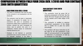 COMPARISON BETWEEN P.W.D FORM 203A (REV. 1/2010) AND PAM CONTRACT 
2006 (WITH QUANTITIES) 
P.W.D FORM 203A (REV. 1/2010) 
• The extent of possession that must be given 
to the contractor is not necessarily to be the 
whole site. 
• The contractor must be given a reasonable 
degree of possession to enable him to 
commence the work in accordance to 
programme unless there is agreement to the 
contrary; execute the work unimpeded by 
others; and to perform the work in a 
satisfactory manner based on construction 
methods desired by him. 
• Employer is not deemed to guarantee 
possession due to events outside his control. 
For example, employer is not liable if 
contractor is prevented from gaining access 
by third party such as unlawful picket. 
PAM CONTRACT 2006 (WITH 
QUANTITIES) 
• The contractor must be given full or 
exclusive possession of the site. Eg: the 
whole site even though some parts may 
not be needed until a later stage of the 
project. 
• The contractor is entitled to assume 
unrestricted possession of the whole 
site to enable him to plan his works 
accordingly. 
• The architect will issue instruction to fix 
the date for the site possession if the 
date of commencement is not specified 
or deferment of possession of site by 
the employer to a new date. 
