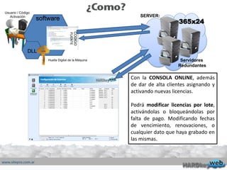 software
DLL
CODIGO
FUENTE
Huella Digital de la Máquina
Usuario / Código
Activación
Servidores
Redundantes
365x24
SERVER:
Con la CONSOLA ONLINE, además
de dar de alta clientes asignando y
activando nuevas licencias.
Podrá modificar licencias por lote,
activándolas o bloqueándolas por
falta de pago. Modificando fechas
de vencimiento, renovaciones, o
cualquier dato que haya grabado en
las mismas.
 