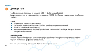 19
Дожать до ТОПа
Особое внимание страницам на позициях с 30 - 11 (2, 3 страница Google).
Цель: увеличить кол-во страниц в присутствующих в ТОП-10. Чем больше таких страниц - тем больше
трафика.
Этапы:
● оптимизация контента и метаданных
● тщательная проработка контента - глубокий рерайт или совершенно новый
● удалить страницы-дубли (если есть)
● внешняя оптимизация - ссылочное продвижение. Наращивать ссылочную массу на целевые
приоритетные страницы
*Рекомендации
Помимо сезонности обращать внимание маржу и ассортимент конкретных направлений товаров.
Оценить возможный трафик по направлению.
Плюсы - можно точно распределять бюджет даже ограниченный.
2
 