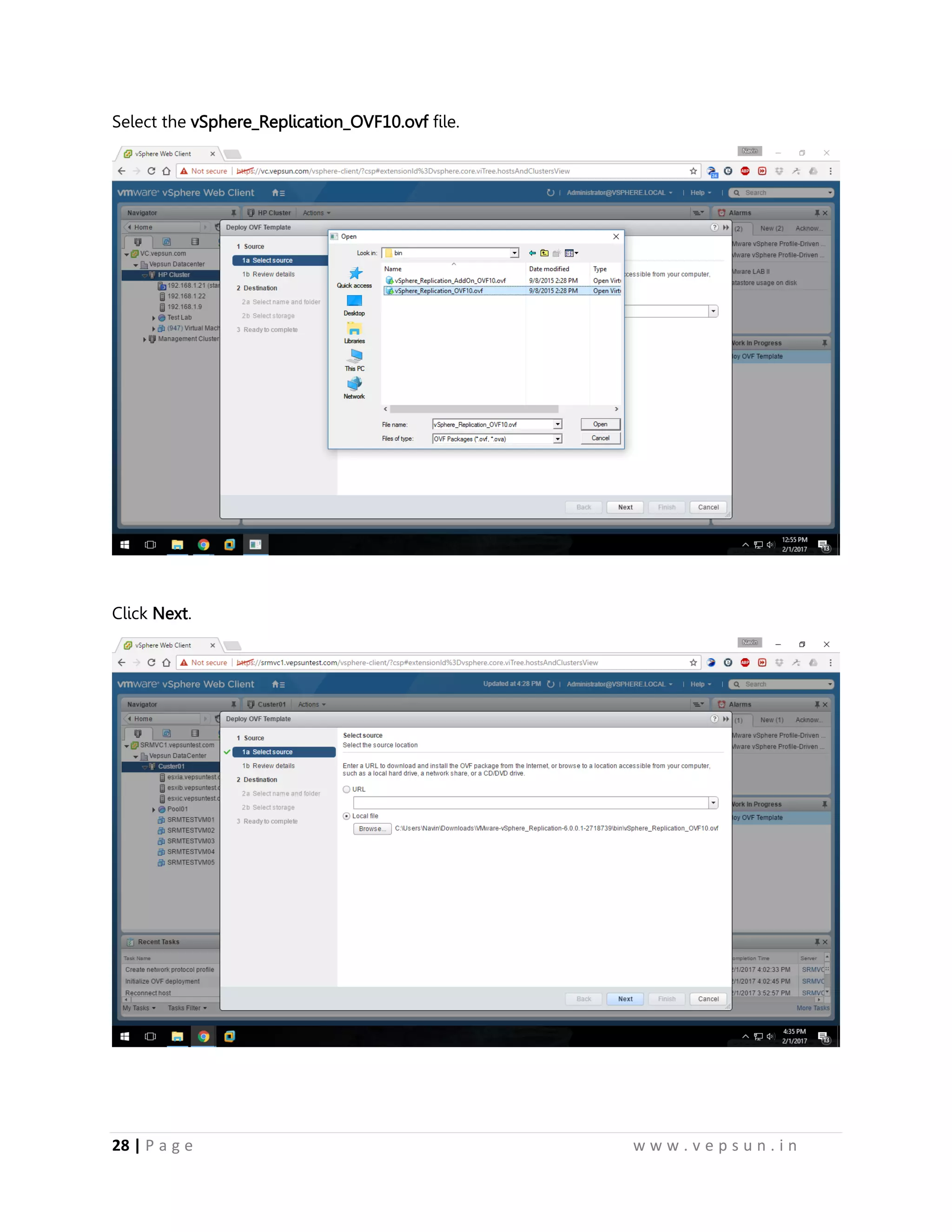 28 | P a g e w w w . v e p s u n . i n
Select the vSphere_Replication_OVF10.ovf file.
Click Next.
 