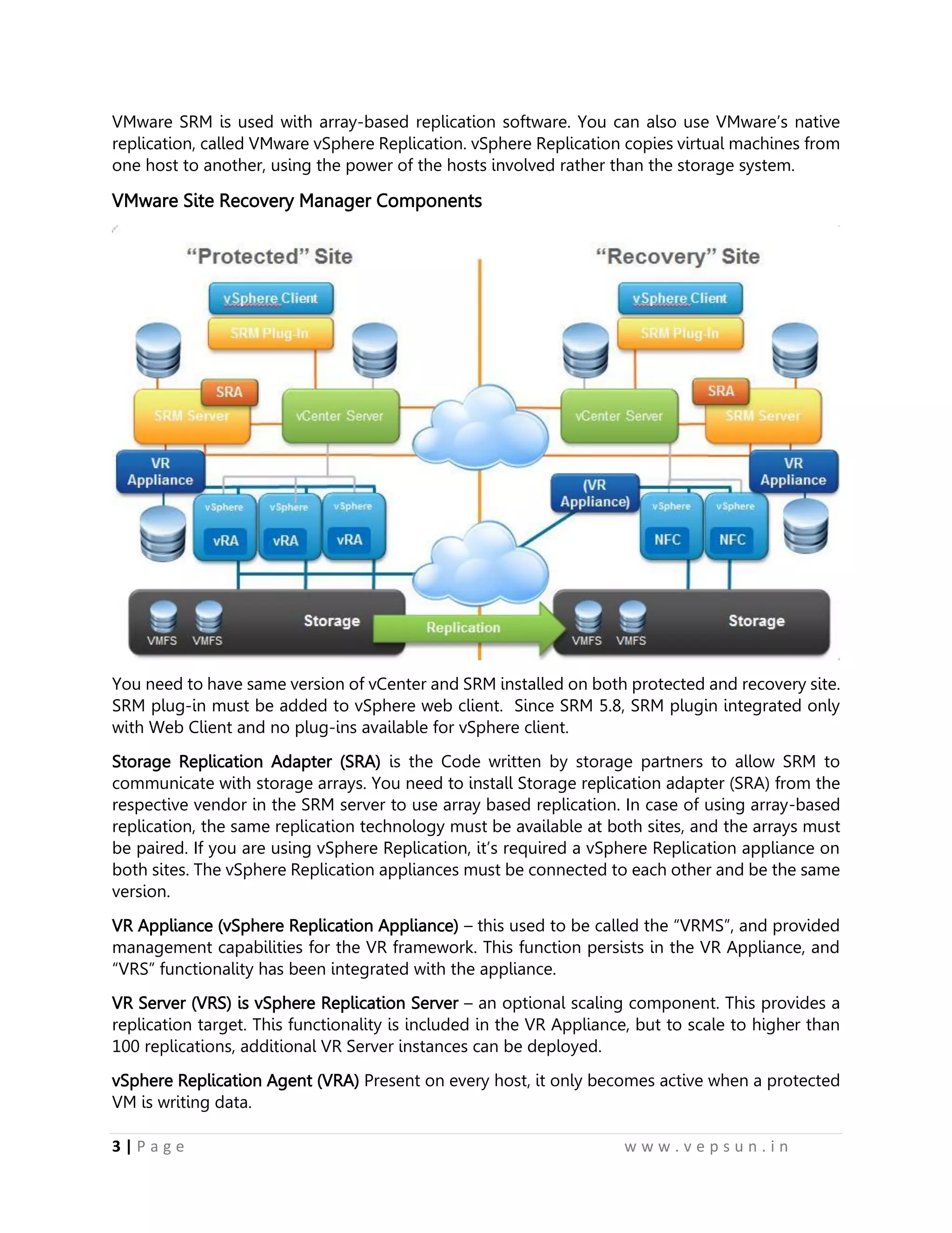 3 | P a g e w w w . v e p s u n . i n
VMware SRM is used with array-based replication software. You can also use VMware’s native
replication, called VMware vSphere Replication. vSphere Replication copies virtual machines from
one host to another, using the power of the hosts involved rather than the storage system.
VMware Site Recovery Manager Components
You need to have same version of vCenter and SRM installed on both protected and recovery site.
SRM plug-in must be added to vSphere web client. Since SRM 5.8, SRM plugin integrated only
with Web Client and no plug-ins available for vSphere client.
Storage Replication Adapter (SRA) is the Code written by storage partners to allow SRM to
communicate with storage arrays. You need to install Storage replication adapter (SRA) from the
respective vendor in the SRM server to use array based replication. In case of using array-based
replication, the same replication technology must be available at both sites, and the arrays must
be paired. If you are using vSphere Replication, it’s required a vSphere Replication appliance on
both sites. The vSphere Replication appliances must be connected to each other and be the same
version.
VR Appliance (vSphere Replication Appliance) – this used to be called the “VRMS”, and provided
management capabilities for the VR framework. This function persists in the VR Appliance, and
“VRS” functionality has been integrated with the appliance.
VR Server (VRS) is vSphere Replication Server – an optional scaling component. This provides a
replication target. This functionality is included in the VR Appliance, but to scale to higher than
100 replications, additional VR Server instances can be deployed.
vSphere Replication Agent (VRA) Present on every host, it only becomes active when a protected
VM is writing data.
 