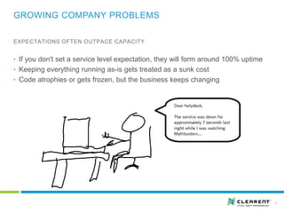 GROWING COMPANY PROBLEMS
4
• If you don't set a service level expectation, they will form around 100% uptime
• Keeping everything running as-is gets treated as a sunk cost
• Code atrophies or gets frozen, but the business keeps changing
EXPECTATIONS OFTEN OUTPACE CAPACITY
 
