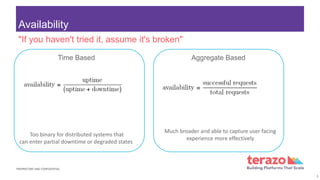PROPRIETARY AND CONFIDENTIAL
Availability
Time Based Aggregate Based
3
"If you haven't tried it, assume it's broken"
Too binary for distributed systems that
can enter partial downtime or degraded states
Much broader and able to capture user facing
experience more effectively
 