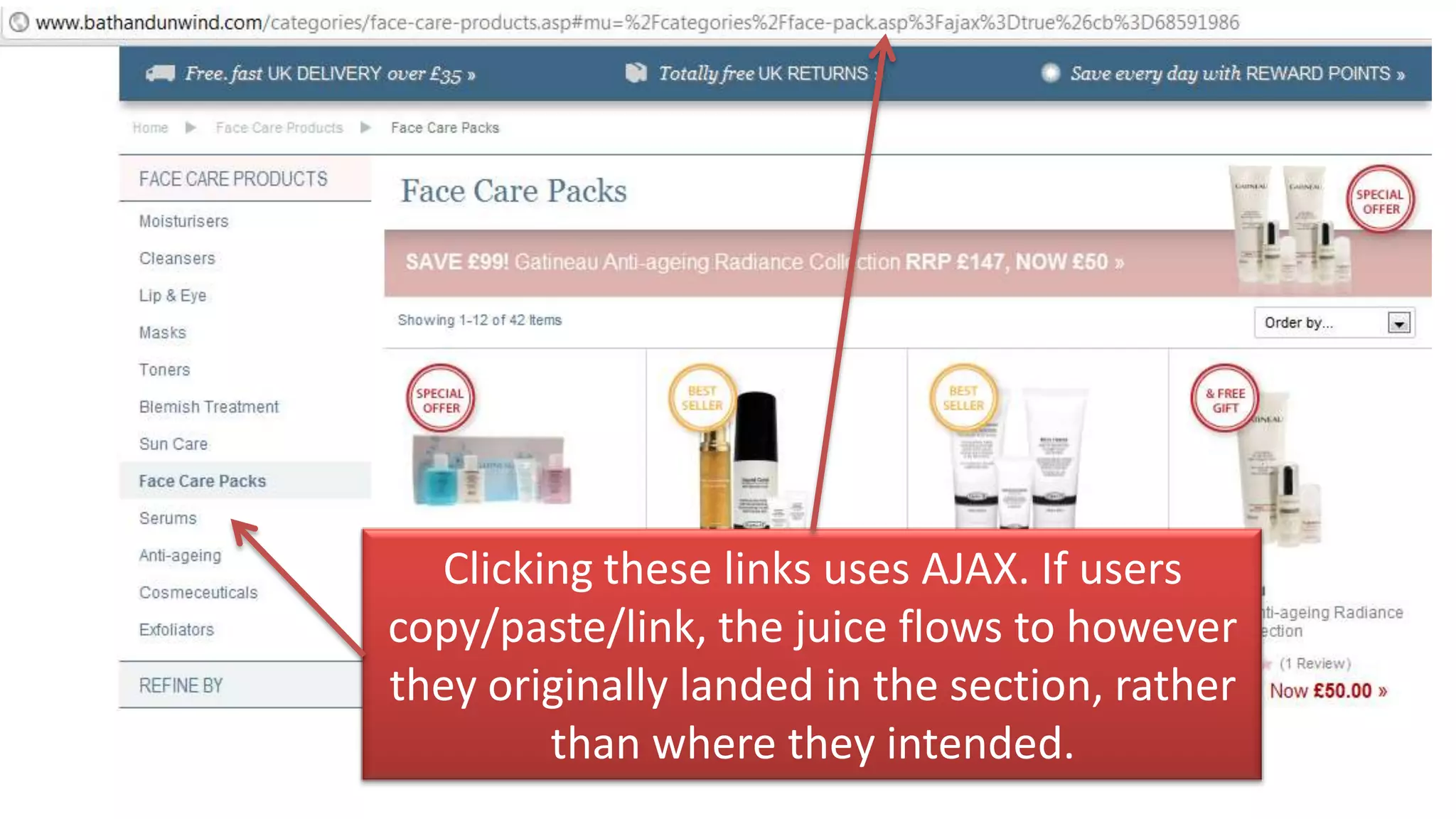 Clicking these links uses AJAX. If users
copy/paste/link, the juice flows to however
they originally landed in the section, rather
        than where they intended.
 