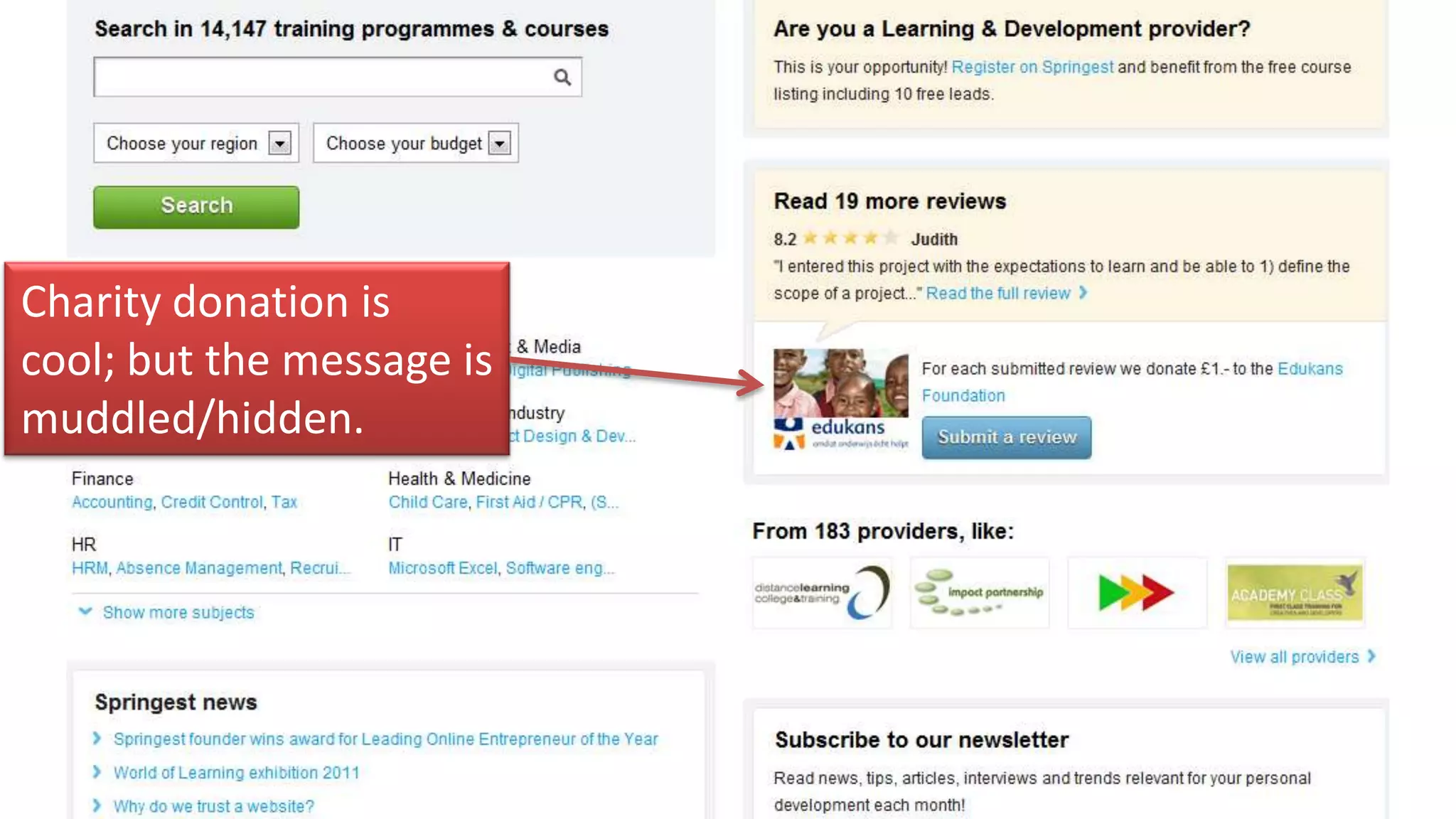 Charity donation is
cool; but the message is
muddled/hidden.
 