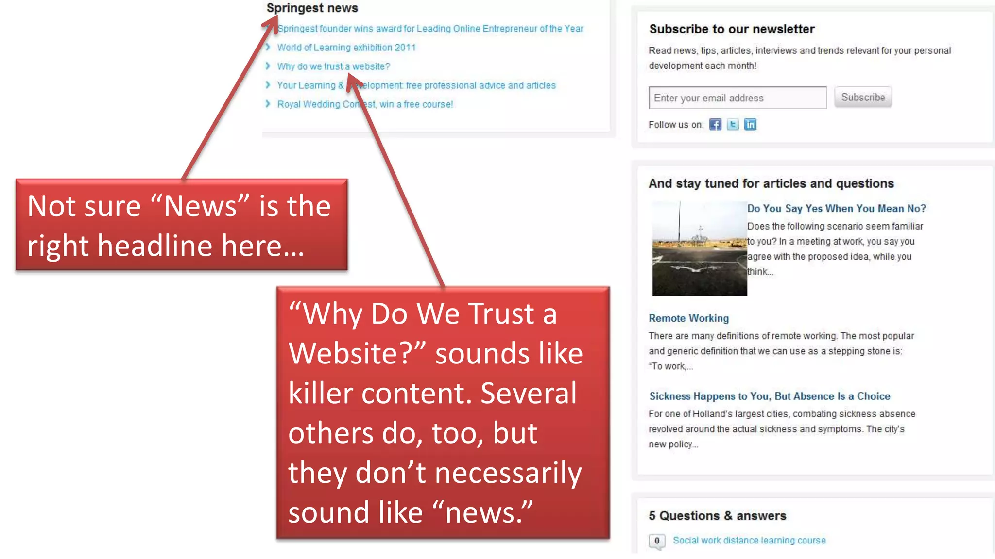 Not sure “News” is the
right headline here…

                  “Why Do We Trust a
                  Website?” sounds like
                  killer content. Several
                  others do, too, but
                  they don’t necessarily
                  sound like “news.”
 