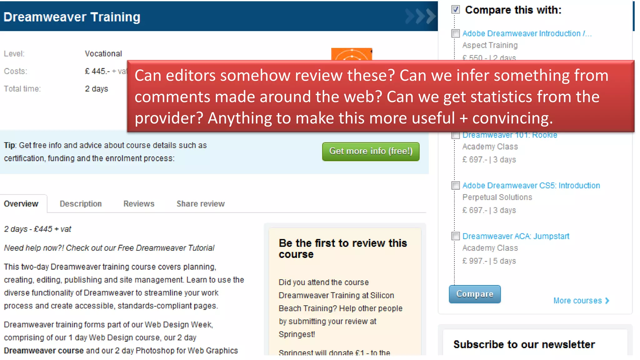 Can editors somehow review these? Can we infer something from
comments made around the web? Can we get statistics from the
provider? Anything to make this more useful + convincing.
 