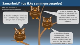 Samarbeid* (og ikke sammensvergelse)
* Når man ikke tenker på
gruppeoppgaver/gruppearbeid

1. Handler om å hjelpe hverandre
med å forstå konsept – ikke at en
elev gir andre et ferdig svar

3. Svar på oppgaven skal
besvares av hver enkelt elev
selv om man hjelper
hverandre med å forstå hva
det handler om og hva som
må gjøres

2. Handler om å hjelpe
hverandre med å finne
strategier for å løse et
bestemt problem – men ikke
at en elev skal gi bort hele
metoden eller svaret til andre

 
