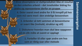 3. Arbeider så tett sammen at besvarelsene
er svært like (innhold, struktur og stil)
2. Diskuterer hvordan man skal løse oppgaven
på en slik måte at svaret er opplagt
1. Forteller til eller spør andre om hva
som er riktig svar eller metode

Sammensvergelse

I disse eksemplene er sluttproduktet ikke et resultat
av den enkeltes arbeid – det inneholder bidrag fra
andre og representerer derfor en gruppe
4. Deler svaret med andre for å få innspill på hva
som må være med i den endelige besvarelsen

 