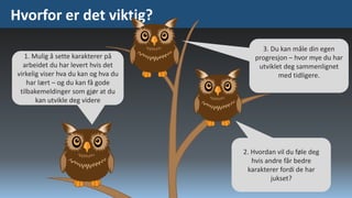 Hvorfor er det viktig?
1. Mulig å sette karakterer på
arbeidet du har levert hvis det
virkelig viser hva du kan og hva du
har lært – og du kan få gode
tilbakemeldinger som gjør at du
kan utvikle deg videre

3. Du kan måle din egen
progresjon – hvor mye du har
utviklet deg sammenlignet
med tidligere.

2. Hvordan vil du føle deg
hvis andre får bedre
karakterer fordi de har
jukset?

 