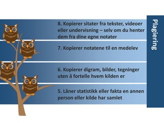 8. Kopierer sitater fra tekster, videoer
eller undervisning – selv om du henter
dem fra dine egne notater
7. Kopierer notatene til en medelev
6. Kopierer digram, bilder, tegninger
uten å fortelle hvem kilden er
5. Låner statistikk eller fakta en annen
person eller kilde har samlet
Plagiering
 