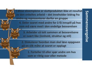 1. Forteller til eller spør andre om hva
som er riktig svar eller metode
2. Diskuterer hvordan man skal løse oppgaven
på en slik måte at svaret er opplagt
3. Arbeider så tett sammen at besvarelsene
er svært like (innhold, struktur og stil)
4. Deler svaret med andre for å få innspill på hva
som må være med i den endelige besvarelsen
I disse eksemplene er sluttproduktet ikke et resultat
av den enkeltes arbeid – det inneholder bidrag fra
andre og representerer derfor en gruppe
Sammensvergelse
 