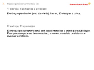Processo para desenvolvimento de sites 4° entrega: Codificação e produção É entregue pelo htmller (web standards), flasher, 3D designer e outros. 5° entrega: Programação É entregue pelo programador já com todas interações e pronto para publicação. Esse processo pode ser bem complexo, envolvendo analista de sistemas e diversas tecnologias. 