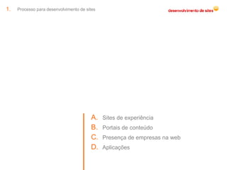 Processo para desenvolvimento de sites Sites de experiência  Portais de conteúdo Presença de empresas na web Aplicações 
