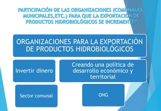 ORGANIZACIONES PARA LA EXPORTACIÓN
DE PRODUCTOS HIDROBIOLÓGICOS
Invertir dinero
Creando una política de
desarrollo económico y
territorial
Sector comunal ONG
 
