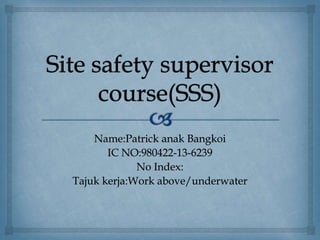 Name:Patrick anak Bangkoi
IC NO:980422-13-6239
No Index:
Tajuk kerja:Work above/underwater
 