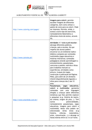 AGRUPAMENTO VERTICAL DE ALMEIDA GARRETT 
Departamento de Educação Especial – Sites úteis para o Trabalho com alunos NEE 
http://www.coloring.com/pages/ 
Imagens para colorir: permite 
escolher imagens de diferentes 
categorias, bem como utilizar a 
palete de cores para as colorir. Pode 
ser impressa. Permite, ainda, o 
acesso a outro tipo de exercícios, 
nomeadamente Matemática a 
diferentes níveis de ensino, através 
IXL. 
http://www.catraios.pt/ 
Atividades 1.º ciclo e pré-escolar: 
abrange diferentes públicos, 
crianças, pais e escolas. No que 
respeita aos alunos poderá 
encontrar-se um Ambiente lúdico-didático 
composto por conteúdos 
multimédia (jogos educativos e 
histórias interativas; conteúdos 
pedagógicos aliando aprendizagem a 
entretenimento; passatempos, 
concursos e postais; notícias e dicas 
para trabalhos manuais ou 
experiências; atividades como: 
pintura, truques de magia, 
construção e publicação de Páginas 
Web), para além de um diretório 
infantil disponibilizando ligações a 
sítios para crianças dos 2 aos 12 
anos. 
http://www.smartkids.com.br/ 
Passatempos, jogos educativos, 
colorir e multimédia: apresenta 
conteúdos com uma linguagem 
dirigida a crianças sobre diferentes 
temáticas que lhes permite explorar 
e pesquisar (e.g. história do teatro, 
do cinema; origem da piza...). Tem 
outras potencialidades, 
nomeadamente passatempos, jogos 
educativos, imagens para colorir e 
multimédia. Neste sítio podem ser 
selecionadas várias áreas (e.g 
história, ciências, matemática, 
artes, comunicação...) e abrange as 
faixas etárias entre os 3 e os 9 anos. 
 