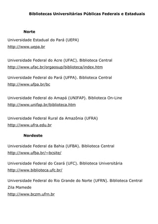 Bibliotecas Universitárias Públicas Federais e Estaduais
Norte
Universidade Estadual do Pará (UEPA)
http://www.uepa.br
Universidade Federal do Acre (UFAC). Biblioteca Central
http://www.ufac.br/orgaosup/biblioteca/index.htm
Universidade Federal do Pará (UFPA). Biblioteca Central
http://www.ufpa.br/bc
Universidade Federal do Amapá (UNIFAP). Biblioteca On-Line
http://www.unifap.br/biblioteca.htm
Universidade Federal Rural da Amazônia (UFRA)
http://www.ufra.edu.br
Nordeste
Universidade Federal da Bahia (UFBA). Biblioteca Central
http://www.ufba.br/~bcsite/
Universidade Federal do Ceará (UFC). Biblioteca Universitária
http://www.biblioteca.ufc.br/
Universidade Federal do Rio Grande do Norte (UFRN). Biblioteca Central
Zila Mamede
http://www.bczm.ufrn.br
 