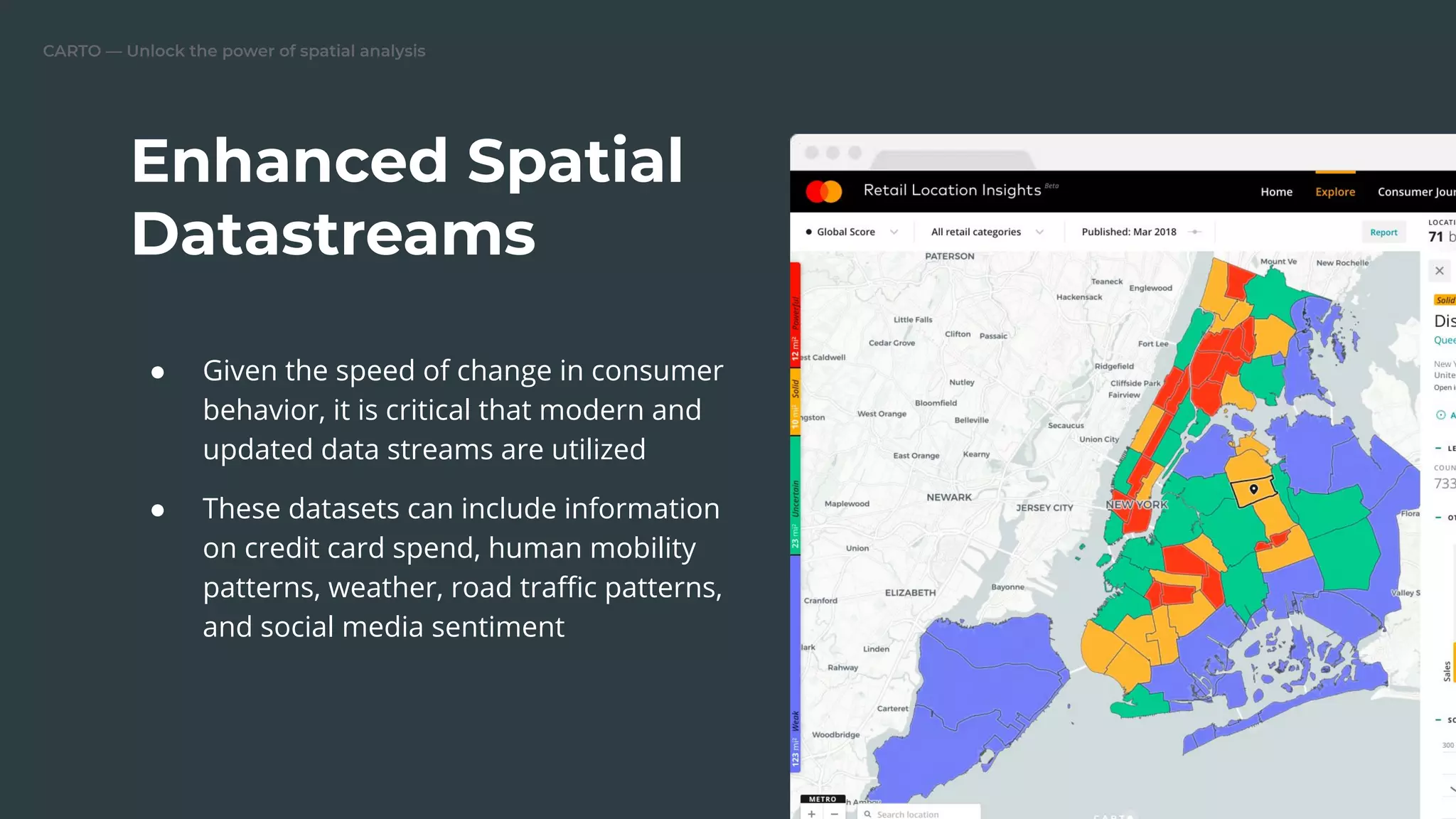 CARTO — Unlock the power of spatial analysis
● Given the speed of change in consumer
behavior, it is critical that modern and
updated data streams are utilized
● These datasets can include information
on credit card spend, human mobility
patterns, weather, road traﬃc patterns,
and social media sentiment
Enhanced Spatial
Datastreams
Replace this image
 