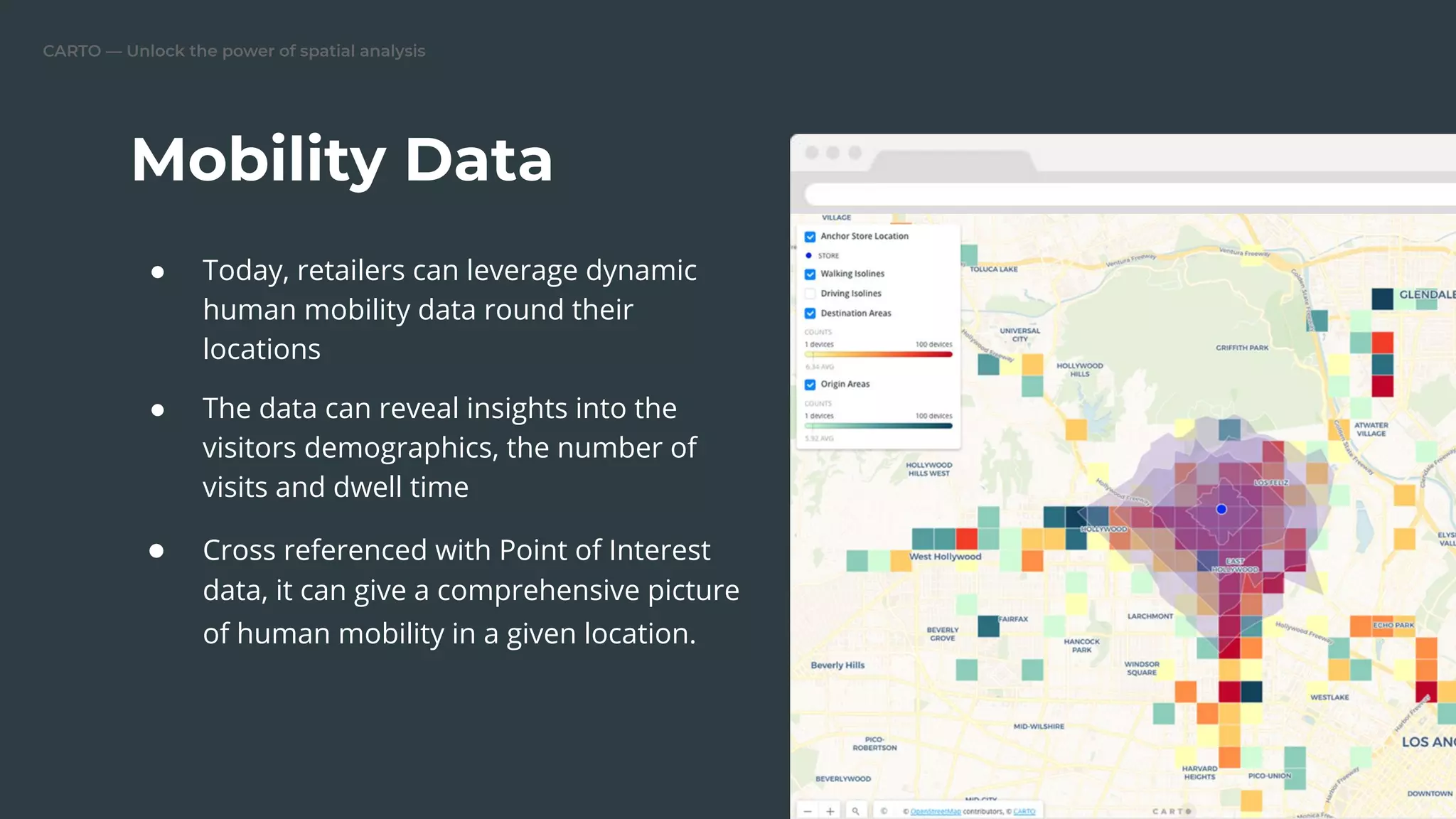 CARTO — Unlock the power of spatial analysis
● Today, retailers can leverage dynamic
human mobility data round their
locations
● The data can reveal insights into the
visitors demographics, the number of
visits and dwell time
● Cross referenced with Point of Interest
data, it can give a comprehensive picture
of human mobility in a given location.
Mobility Data
Replace this image
 