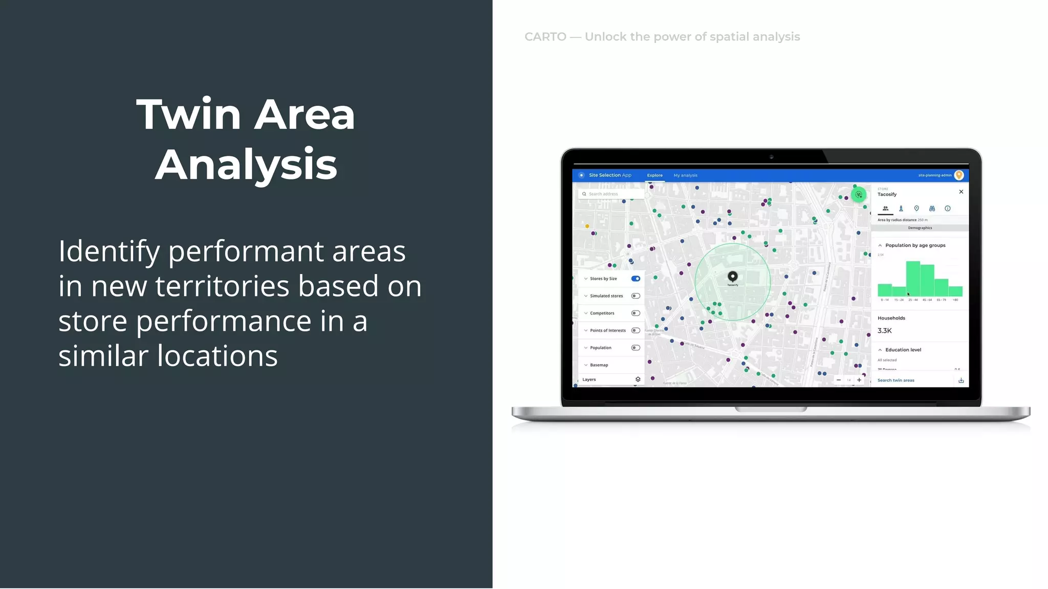 CARTO — Unlock the power of spatial analysis
Identify performant areas
in new territories based on
store performance in a
similar locations
Twin Area
Analysis
 