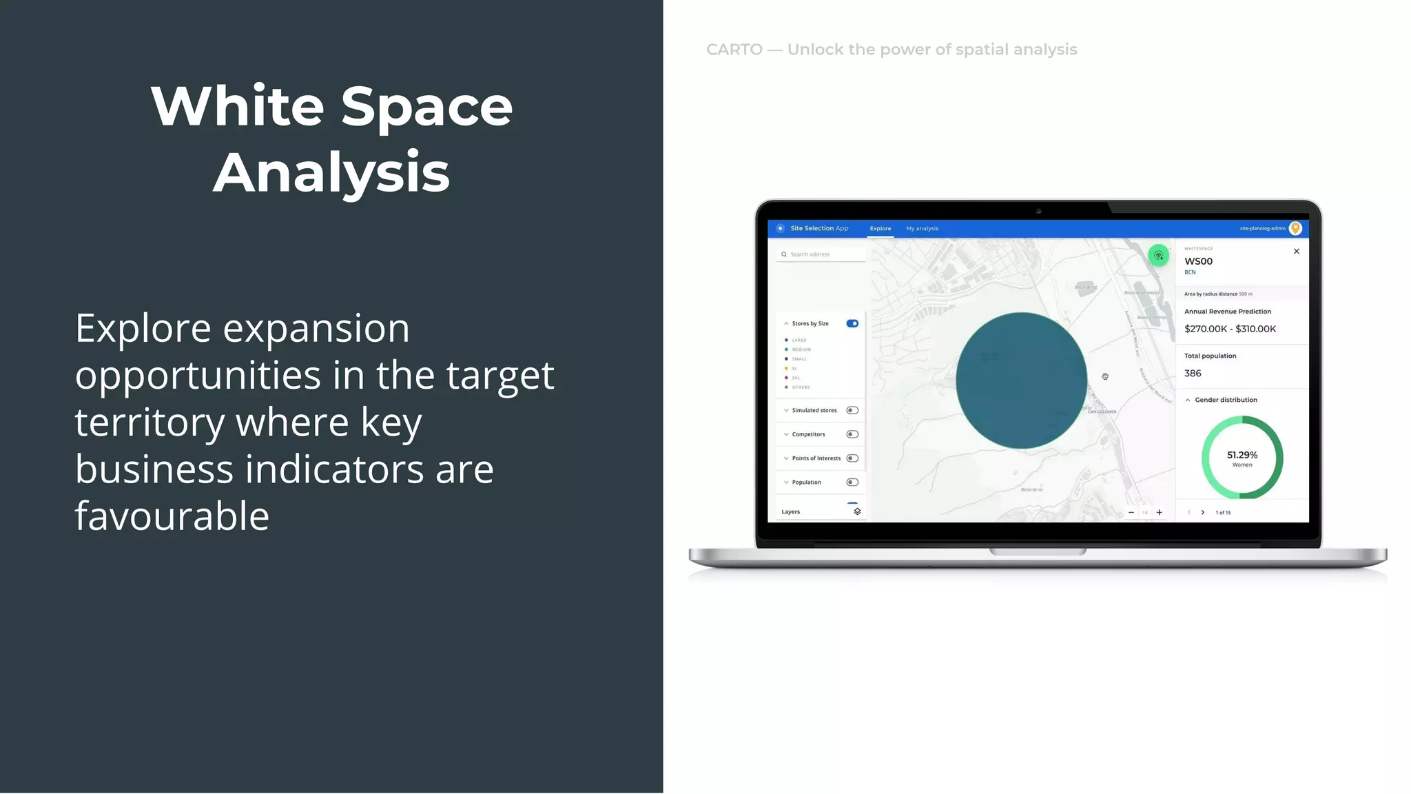 CARTO — Unlock the power of spatial analysis
Explore expansion
opportunities in the target
territory where key
business indicators are
favourable
White Space
Analysis
 