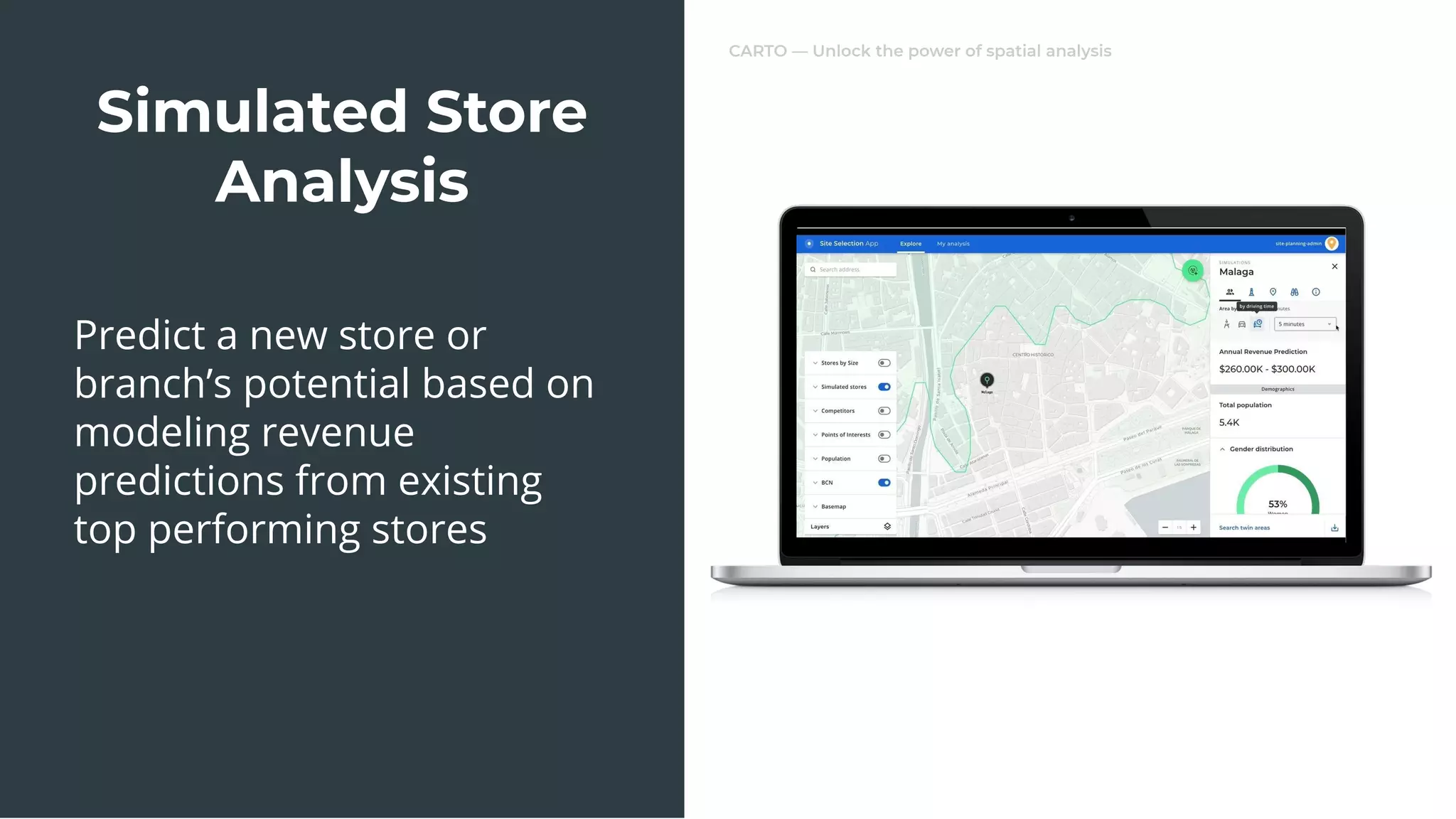 CARTO — Unlock the power of spatial analysis
Predict a new store or
branch’s potential based on
modeling revenue
predictions from existing
top performing stores
Simulated Store
Analysis
 