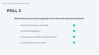 CARTO — Unlock the power of spatial analysis
POLL 2
Own store performance, sales data?
Consumer demographics?
Consumer spend, mobility or behavioural data?
Which data sources do you typically use to drive site selection decisions?
A combination of all of the above?
 