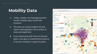 CARTO — Unlock the power of spatial analysis
● Today, retailers can leverage dynamic
human mobility data round their
locations
● The data can reveal insights into the
visitors demographics, the number of
visits and dwell time
● Cross referenced with Point of Interest
data, it can give a comprehensive picture
of human mobility in a given location.
Mobility Data
Replace this image
 