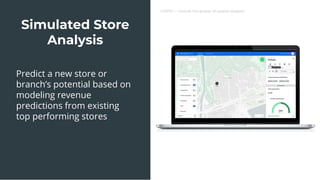 CARTO — Unlock the power of spatial analysis
Predict a new store or
branch’s potential based on
modeling revenue
predictions from existing
top performing stores
Simulated Store
Analysis
 