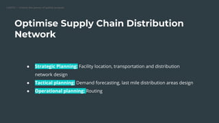 CARTO — Unlock the power of spatial analysis
Optimise Supply Chain Distribution
Network
● Strategic Planning: Facility location, transportation and distribution
network design
● Tactical planning: Demand forecasting, last mile distribution areas design
● Operational planning: Routing
 