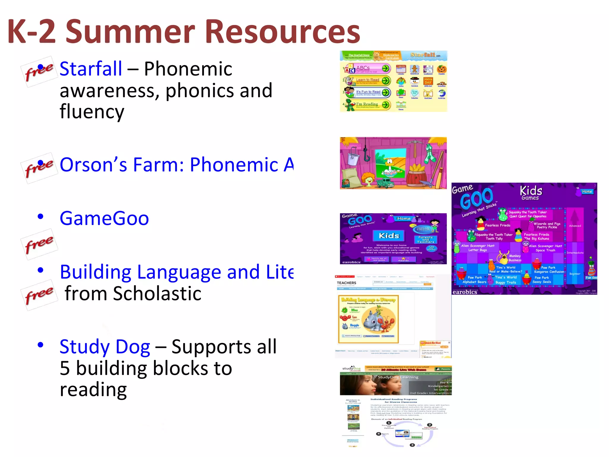 K-2 Summer Resources
 • Starfall – Phonemic
   awareness, phonics and
   fluency

 • Orson’s Farm: Phonemic Awareness

 • GameGoo

 • Building Language and Literacy
   from Scholastic

 • Study Dog – Supports all
   5 building blocks to
   reading
 