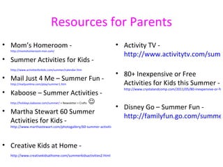 Resources for Parents
• Mom’s Homeroom -                                                   • Activity TV -
     http://momshomeroom.msn.com/
                                                                       http://www.activitytv.com/summ
• Summer Activities for Kids -
     http://www.activitiesforkids.com/summer/calendar.htm
                                                                     • 80+ Inexpensive or Free
• Mail Just 4 Me – Summer Fun -
     http://mailjust4me.com/play/summer1.htm                           Activities for Kids this Summer -
                                                                          http://www.crystalandcomp.com/2011/05/80-inexpensive-or-fre
• Kaboose – Summer Activities -
  http://holidays.kaboose.com/summer/ + Newsletter + Crafts 
                                                                     • Disney Go – Summer Fun -
• Martha Stewart 60 Summer
                                                                       http://familyfun.go.com/summer
  Activities for Kids -
     http://www.marthastewart.com/photogallery/60-summer-activities-for-kids




• Creative Kids at Home -
     http://www.creativekidsathome.com/summerkidsactivities2.html
 